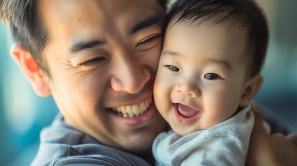 Asian father and his cute little baby son, man standing indoors with his male child or kid, both of them are smiling and looking at the camera. Home relaxation, happy family, fatherhood concept