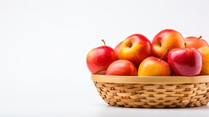 Basket of fresh red apples isolated on white background with reflection, healthy organic fruits