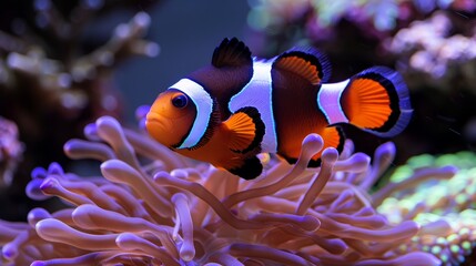 Vibrant clownfish swimming among colorful corals in a saltwater aquarium environment