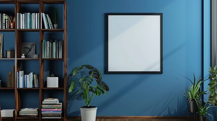 A mockup poster blank frame hanging on a bold cobalt blue wall, above a minimalist cube bookshelf, Minimalist-style living area
