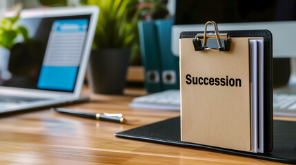 Un dossier marqué "succession" posé sur la table d'un bureau.