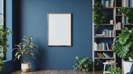 A mockup poster blank frame hanging on a bold cobalt blue wall, above a contemporary cube bookshelf, Minimalist-style living area - obrazy, fototapety, plakaty