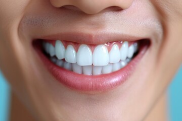 Fototapeta premium Close-up of a bright smiling Asian young man child showing off healthy white teeth