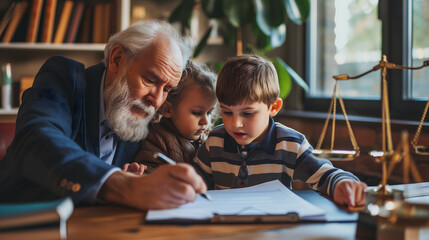 Un grand-père en train de signer un document est ses deux petits-enfants pour une succession chez le notaire.