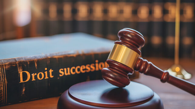 Gros plan sur un maillet avec en arri&egrave;re plan un livre de droit de succession, pos&eacute;s sur une table. Concept de donation.