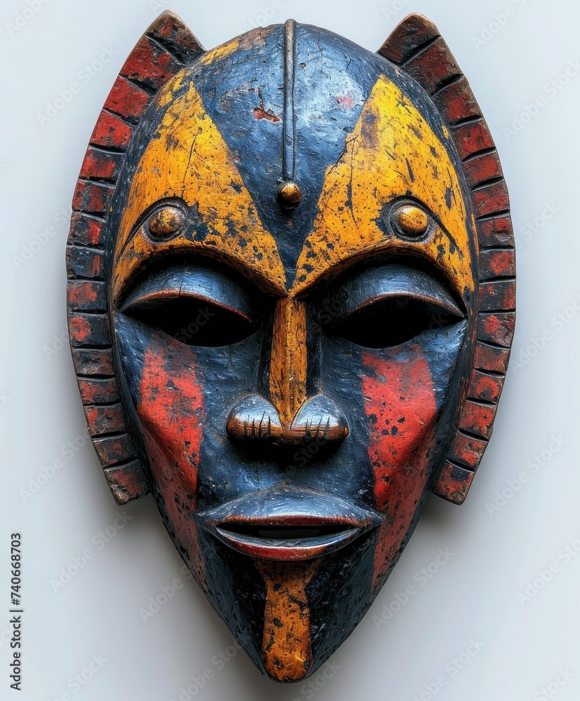 Wall mural Traditional African mask with intricate colored details on a white background