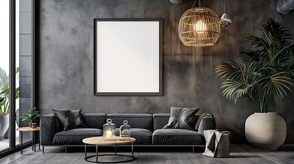 A mockup poster blank frame hanging above a stylish pendant lamp, Scandinavian living area
