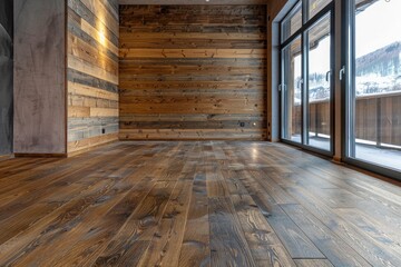 Rustic charm captured in the interior of a cabin with rich wooden wall and floor panels, exuding warmth and coziness