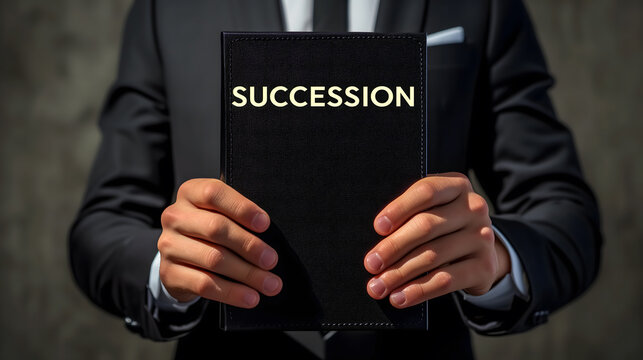 Un homme en costume tenant dans ses mains un livre marqué "succession". 