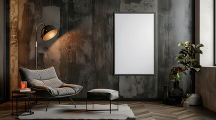 A mockup poster blank frame hanging above a stylish floor lamp, Scandinavian living area