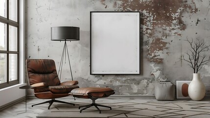 A mockup poster blank frame hanging above a stylish floor lamp, Scandinavian living area