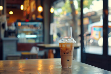 Iced coffee in coffee shop in a plastic cup. - obrazy, fototapety, plakaty