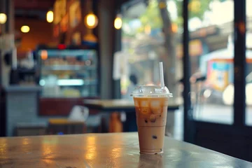 Rolgordijnen Iced coffee in coffee shop in a plastic cup. © Hunman