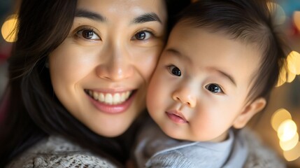 Asian mother and her cute little baby son, woman standing outdoors with her male child or kid, both of them are smiling and looking at the camera. Home relaxation, happy family, motherhood concept