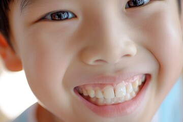 Close-up of a bright smiling Asian boy child showing off healthy white teeth