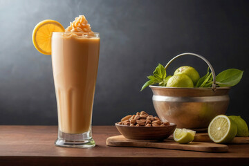 Fototapeta premium Advertising image, glass with cold coffee on the table, bumble coffee with orange. Delicious cold drinks with straws, citruses.