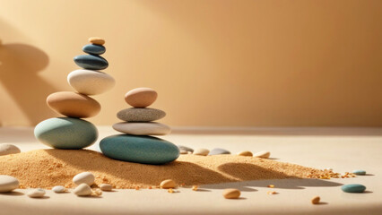 Two pyramids of pebbles of different colors and textures on a light beige background. Meditation and balance concept, zen, sea sand.