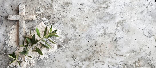Naklejka premium Cross, ashes, and olive leaves on marble stone background. Ash Wednesday concept, easter, horizontal background, copy space for text