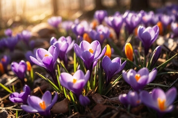 Bright photograph, forest clearing with multi-colored crocuses. Spring image, sun rays.