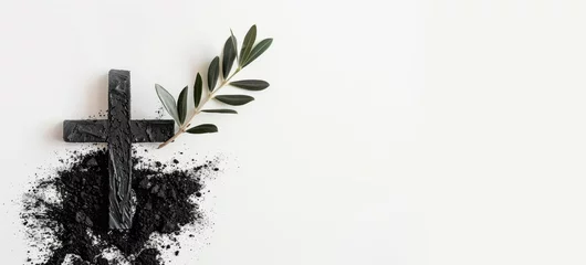 Tuinposter Cross, ashes, and olive leaves on white background. Ash Wednesday concept, easter, horizontal background, copy space for text © XC Stock