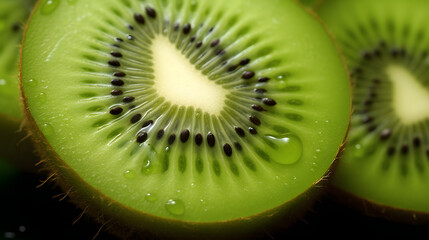 A kiwi close-up with a drop of water.