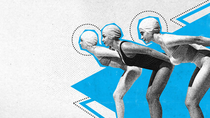 Poster. Contemporary art collage. Three competitive and motivated swimmers stands in start position. Grainy fabric effect. Concept of professional sport, championship, tournament, active games, motion