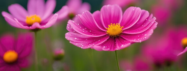 Obraz premium A stunning pink cosmos flower with dewdrops on its petals