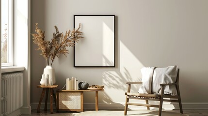 A mockup poster blank frame hanging above a sleek side table, Scandinavian living area