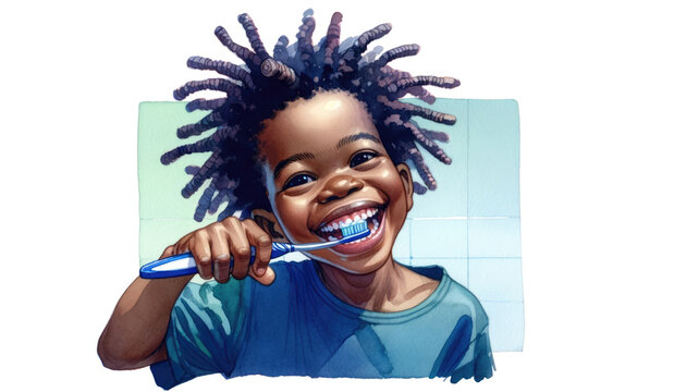 Close up of cheerful African boy brushing teeth. International Dentist Day. National Brush Day. - Powered by Adobe