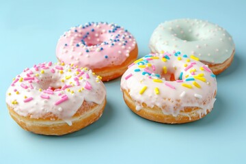 A delightful variety of frosted donuts adorned with colorful sprinkles, sugars, and glazes on a playful pink backdrop