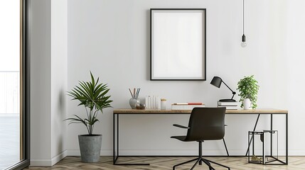 A mockup poster blank frame hanging above a sleek office desk, Scandinavian living area