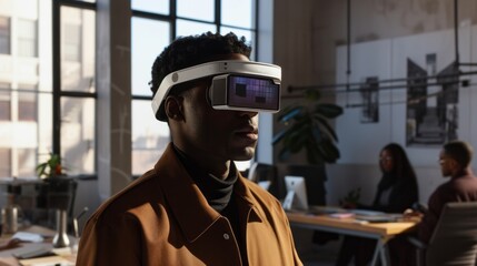 Fototapeta na wymiar African young man wearing virtual reality glasses in modern interior design coworking studio using with VR goggles headset.