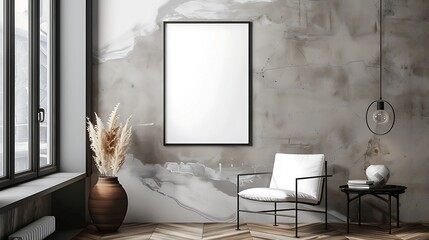 A mockup poster blank frame hanging above a sleek desk chair, Scandinavian living area