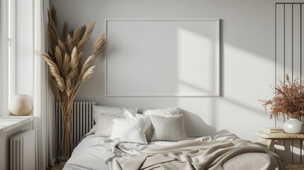 Blank photo square frame mockup on white wall above the bed with white clean pillows in the bedroom.