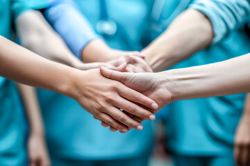 United Healthcare Workers Stacking Hands in Team Unity
