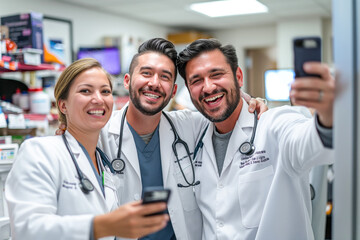 Joyful Medical Team Taking a Selfie in Hospital Environment

