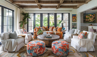 piękna przestrzeń duży salon, drewniane belki i  kolorowe krzeseła z tkaniny wokół stolika do kawy, nadmorski dom