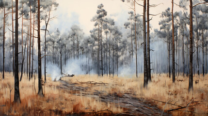 Fototapeta na wymiar Ash from burned dry grass in a pine forest.