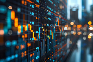 Stock market graph overlay on a blurred city background
