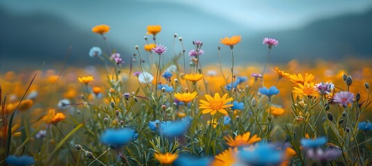 Fototapeta na wymiar The sun shines through a colorful field of flowers