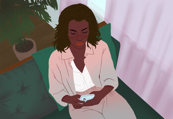 Woman relaxing at home with smartphone