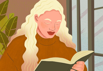 Contemplative woman reading book by window