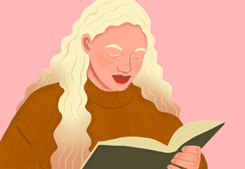 Serene reading moment in pink ambience
