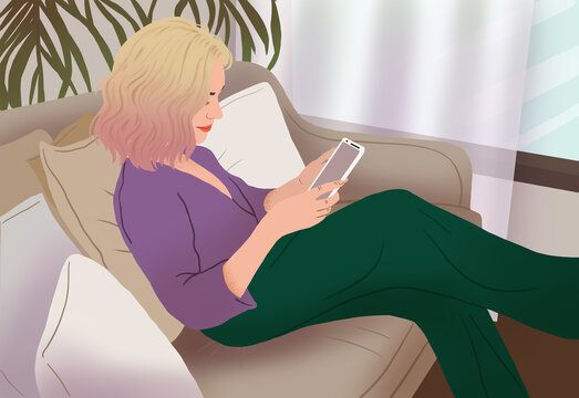Woman relaxing on couch with smartphone