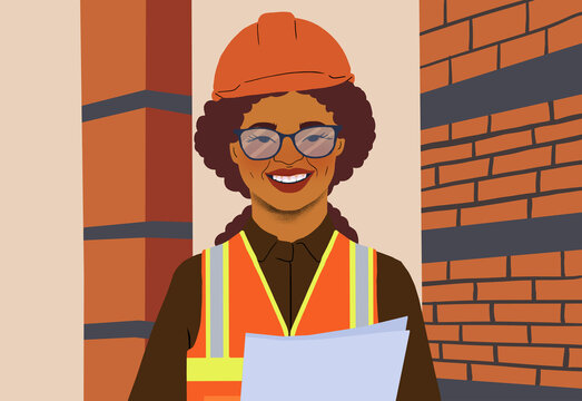 Smiling female construction worker holding plans
