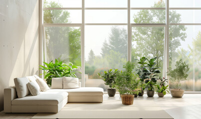 jasne nowoczesne wnętrze salonu w minimalistycznym stylu, duże okna i delikatne światło, rośliny w doniczkach