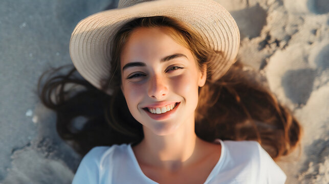 Top view photo of the beautiful young woman with brunette hair, wearing a white t shirt and a straw hat, lying on the sand beach, looking at the camera and smiling. Female person holiday relaxation