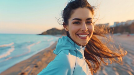 Closeup of a beautiful young woman with brunette hair, wearing a blue tracksuit, jogging or running on the ocean or sea sand beach during the sunset. Cardio workout, healthy fitness lifestyle lady - obrazy, fototapety, plakaty
