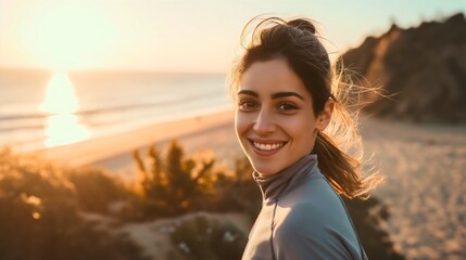 Closeup of a beautiful young woman with brunette hair, wearing a gray tracksuit, jogging or running on the ocean or sea sand beach during the sunset. Cardio workout, healthy fitness lifestyle lady - obrazy, fototapety, plakaty