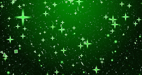 Shining falling stars with shining particles. A green shining star on a green background for a party, Valentine's Day, anniversary, Mother's Day, marriage, Father's Day, and invitation e-card.